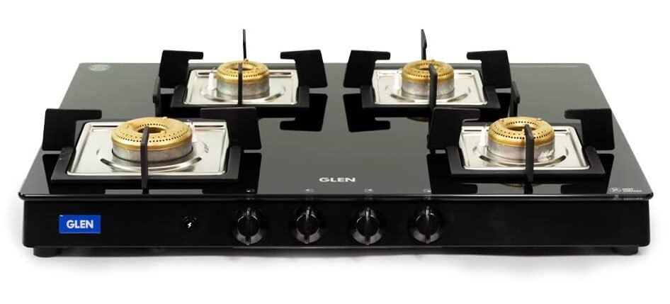 Glen 4 Burner Glass Gas Stove with High Flame Forged Brass Burners